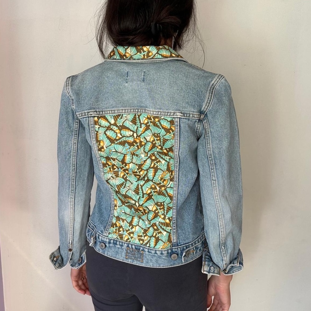 Style By Ilana Denim Jacket with Blue Butterfly Fabric Detailing
